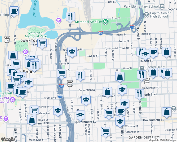 map of restaurants, bars, coffee shops, grocery stores, and more near 1400 Main Street in Baton Rouge