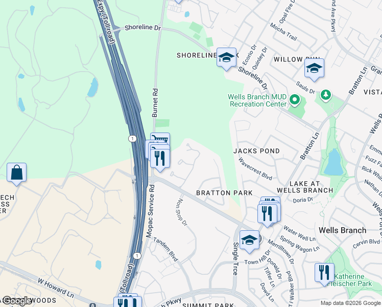map of restaurants, bars, coffee shops, grocery stores, and more near 14745 Merrilltown Drive in Austin