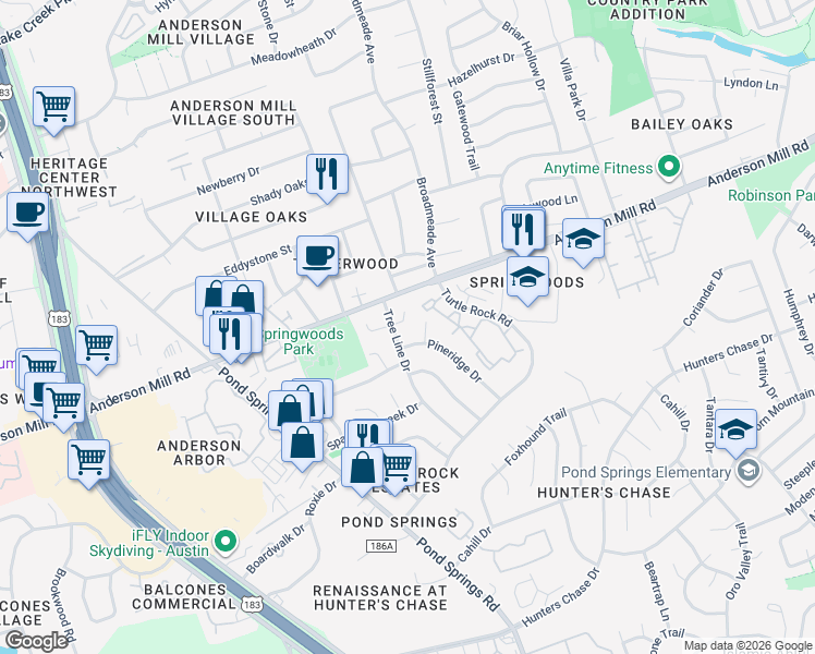 map of restaurants, bars, coffee shops, grocery stores, and more near 9009 Sawtooth Lane in Austin