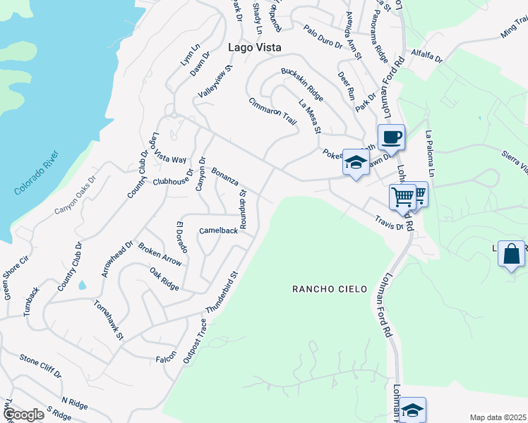 map of restaurants, bars, coffee shops, grocery stores, and more near 20501 Bonanza in Leander
