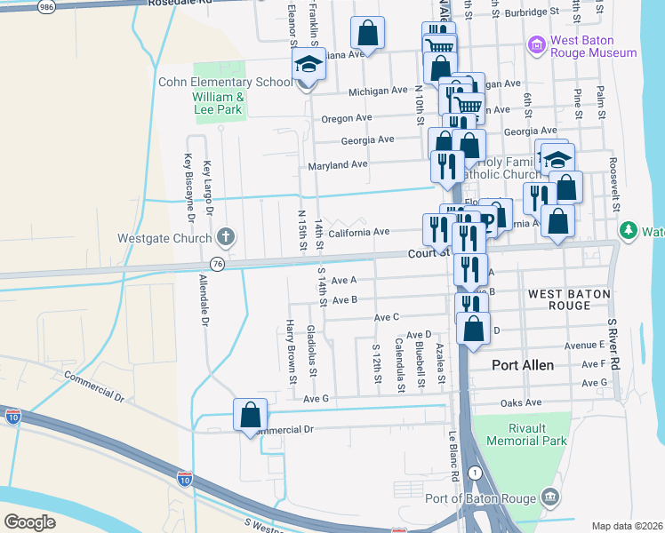 map of restaurants, bars, coffee shops, grocery stores, and more near 1343 Court Street in Port Allen