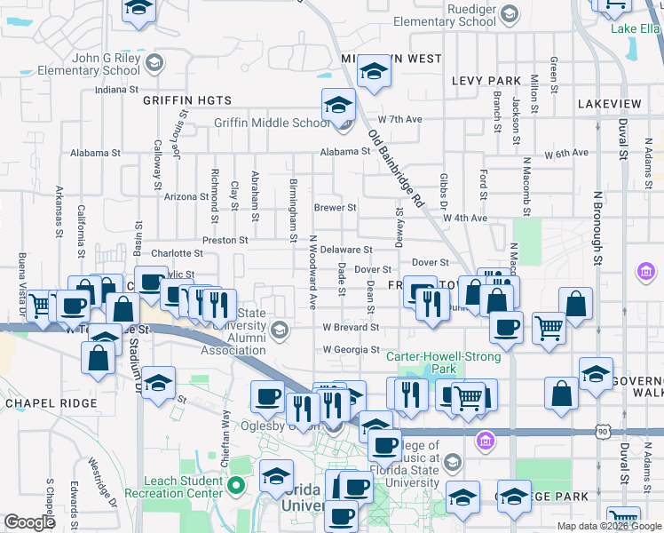 map of restaurants, bars, coffee shops, grocery stores, and more near 844 Dover Street in Tallahassee