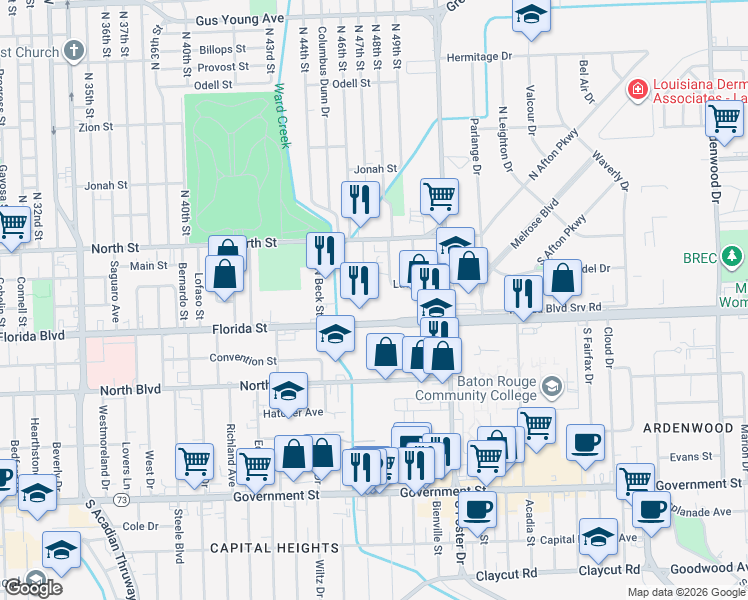 map of restaurants, bars, coffee shops, grocery stores, and more near 4743 Florida Boulevard in Baton Rouge