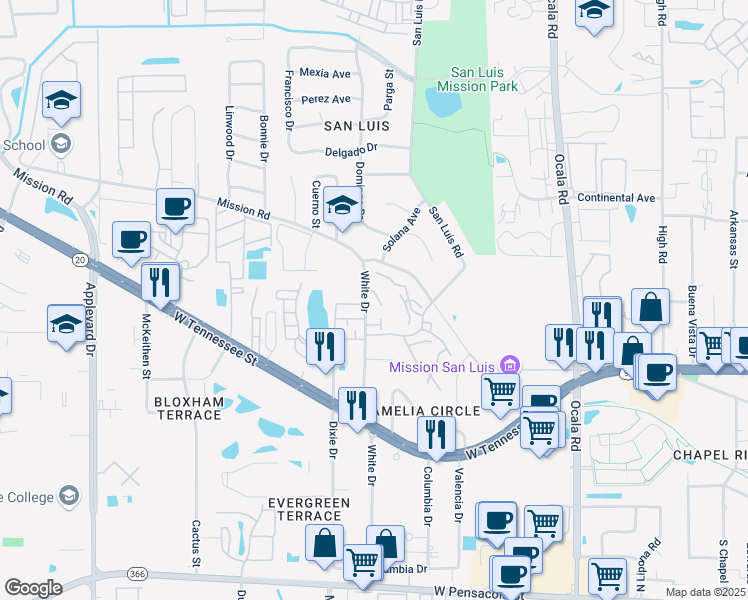 map of restaurants, bars, coffee shops, grocery stores, and more near 2309 Timber Oak Lane in Tallahassee