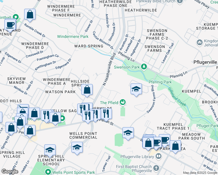 map of restaurants, bars, coffee shops, grocery stores, and more near 116 Adage Drive in Pflugerville