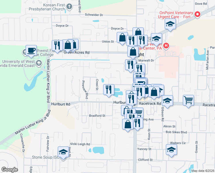 map of restaurants, bars, coffee shops, grocery stores, and more near 306 Cloverdale Boulevard in Fort Walton Beach