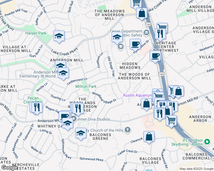 map of restaurants, bars, coffee shops, grocery stores, and more near 12115 Missel Thrush Court in Austin