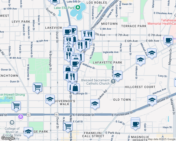 map of restaurants, bars, coffee shops, grocery stores, and more near 909 North Gadsden Street in Tallahassee