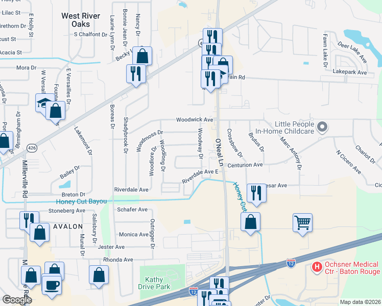 map of restaurants, bars, coffee shops, grocery stores, and more near 15669 Woodwind Avenue in Baton Rouge