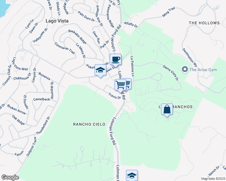 map of restaurants, bars, coffee shops, grocery stores, and more near 20105 Park Strip Street in Lago Vista