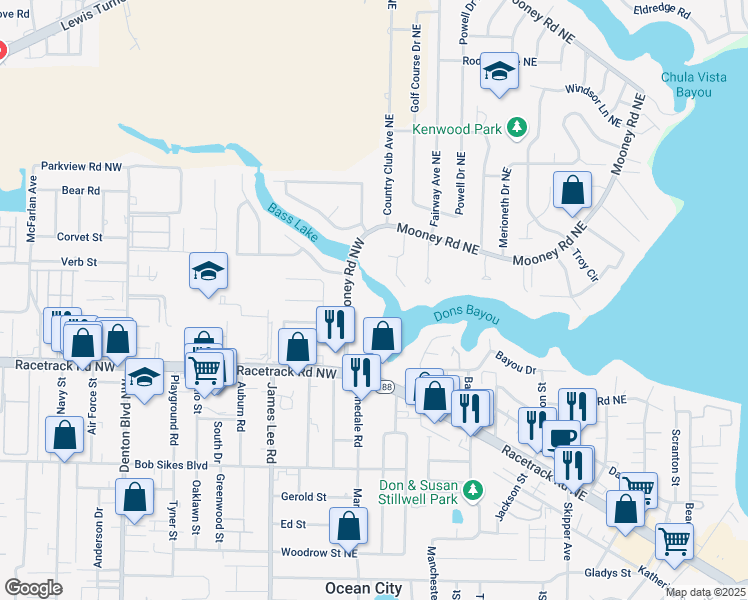 map of restaurants, bars, coffee shops, grocery stores, and more near 520 Mooney Road Northwest in Fort Walton Beach