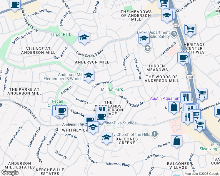 map of restaurants, bars, coffee shops, grocery stores, and more near 12100 Millwright Parkway in Austin