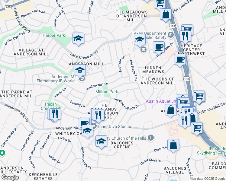 map of restaurants, bars, coffee shops, grocery stores, and more near 10222 Missel Thrush Drive in Austin