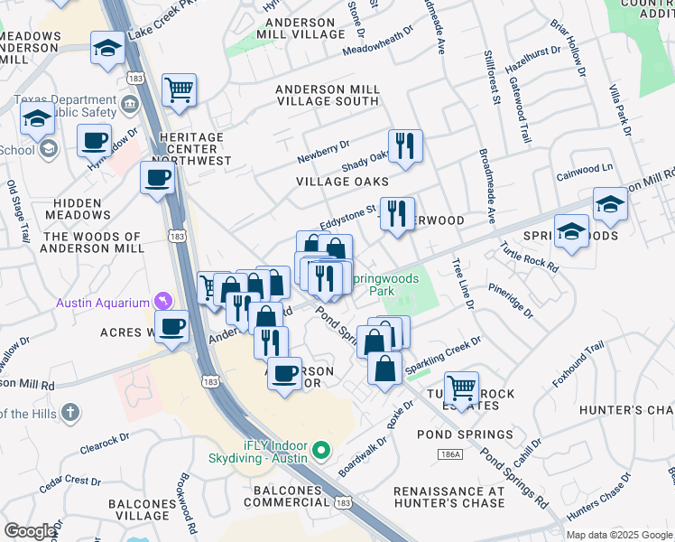 map of restaurants, bars, coffee shops, grocery stores, and more near 9300 Anderson Mill Road in Austin