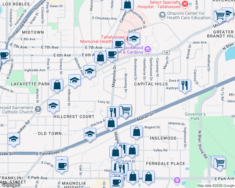 map of restaurants, bars, coffee shops, grocery stores, and more near 1403 Devils Dip in Tallahassee