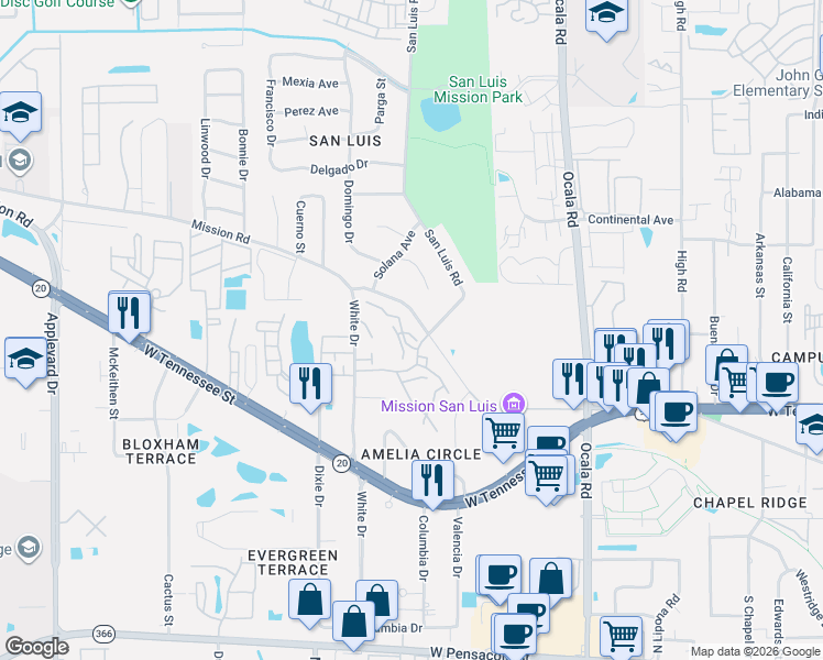 map of restaurants, bars, coffee shops, grocery stores, and more near 2277 Green Timbers Trail in Tallahassee