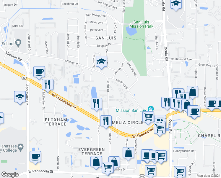 map of restaurants, bars, coffee shops, grocery stores, and more near 2316 Timber Oak Lane in Tallahassee