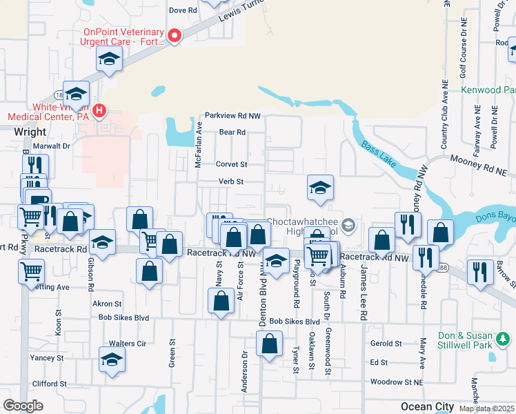 map of restaurants, bars, coffee shops, grocery stores, and more near 921 Denton Boulevard Northwest in Fort Walton Beach
