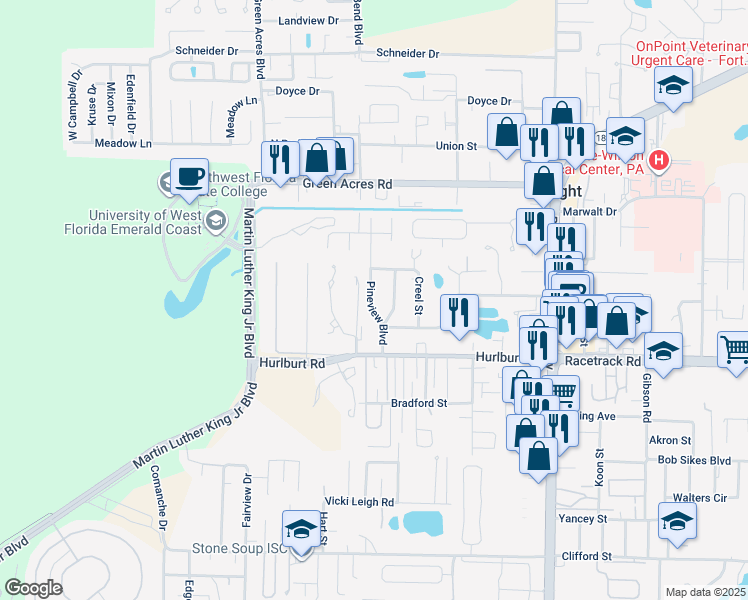 map of restaurants, bars, coffee shops, grocery stores, and more near 1003 Pineview Boulevard in Fort Walton Beach