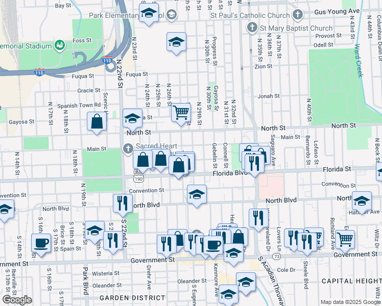 map of restaurants, bars, coffee shops, grocery stores, and more near 2833 Laurel Street in Baton Rouge