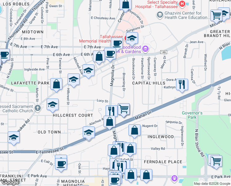 map of restaurants, bars, coffee shops, grocery stores, and more near 1403 Devils Dip in Tallahassee