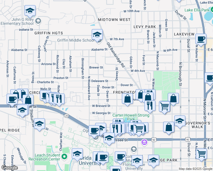 map of restaurants, bars, coffee shops, grocery stores, and more near 802 Dover Street in Tallahassee