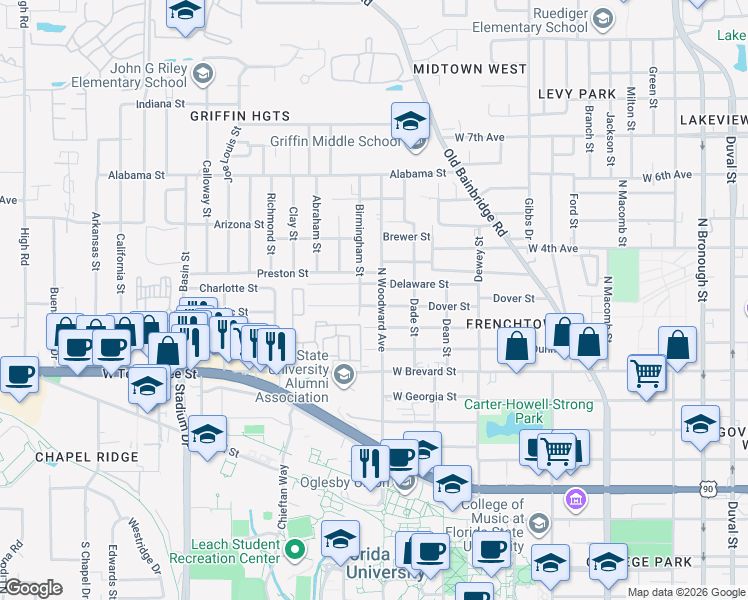 map of restaurants, bars, coffee shops, grocery stores, and more near 906 Dover St in Tallahassee