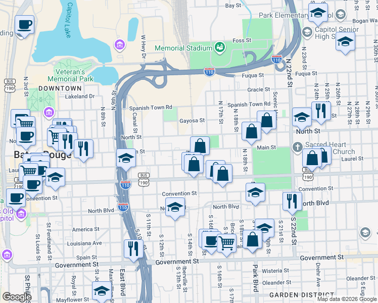 map of restaurants, bars, coffee shops, grocery stores, and more near 1400 Main Street in Baton Rouge