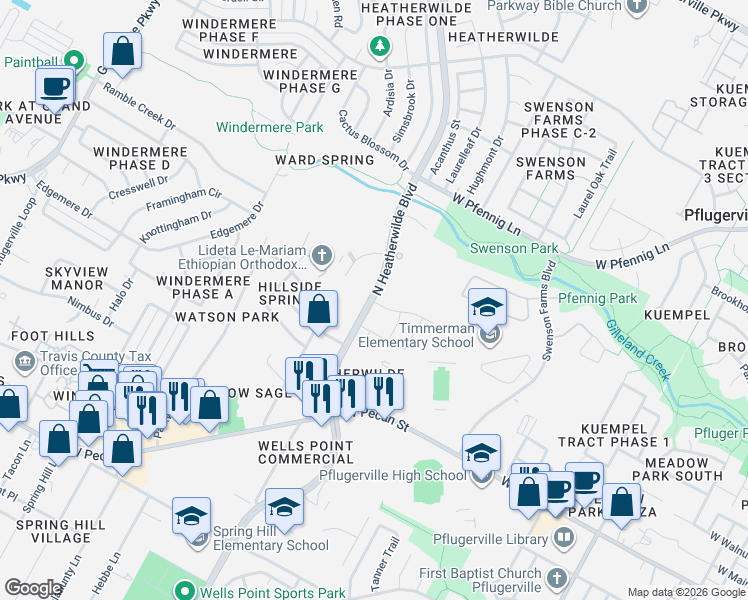 map of restaurants, bars, coffee shops, grocery stores, and more near 413 North Heatherwilde Boulevard in Pflugerville