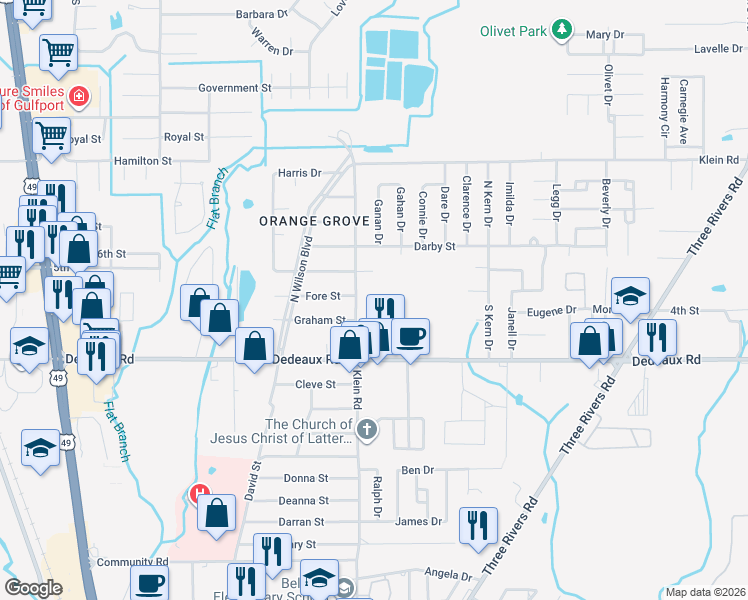 map of restaurants, bars, coffee shops, grocery stores, and more near 11322-11350 Klein Road in Gulfport