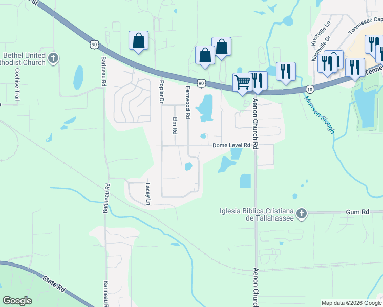 map of restaurants, bars, coffee shops, grocery stores, and more near 1165 Fernwood Road in Tallahassee