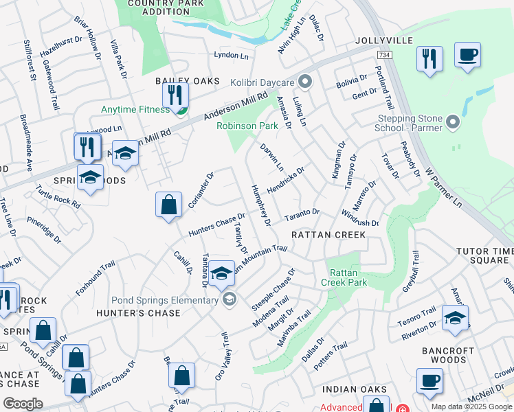 map of restaurants, bars, coffee shops, grocery stores, and more near 13122 Humphrey Drive in Austin