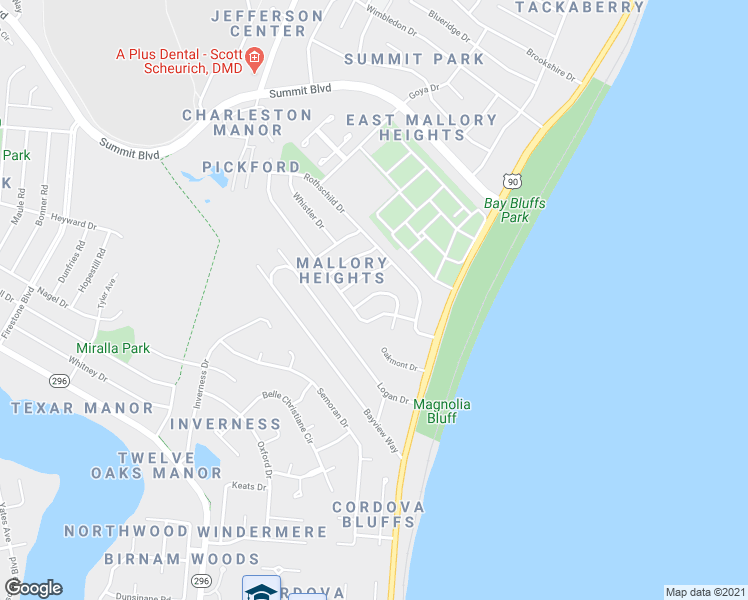 map of restaurants, bars, coffee shops, grocery stores, and more near 3390 Seabreeze Drive in Pensacola