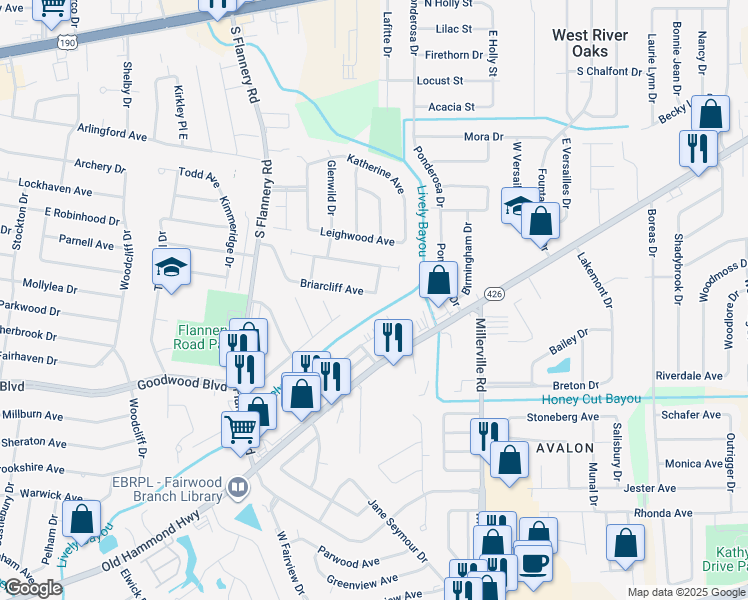 map of restaurants, bars, coffee shops, grocery stores, and more near 13886 Briarcliff Avenue in Baton Rouge