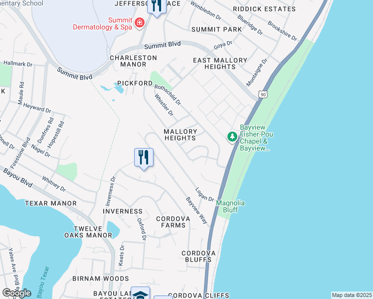 map of restaurants, bars, coffee shops, grocery stores, and more near 3450 Newton Drive in Pensacola