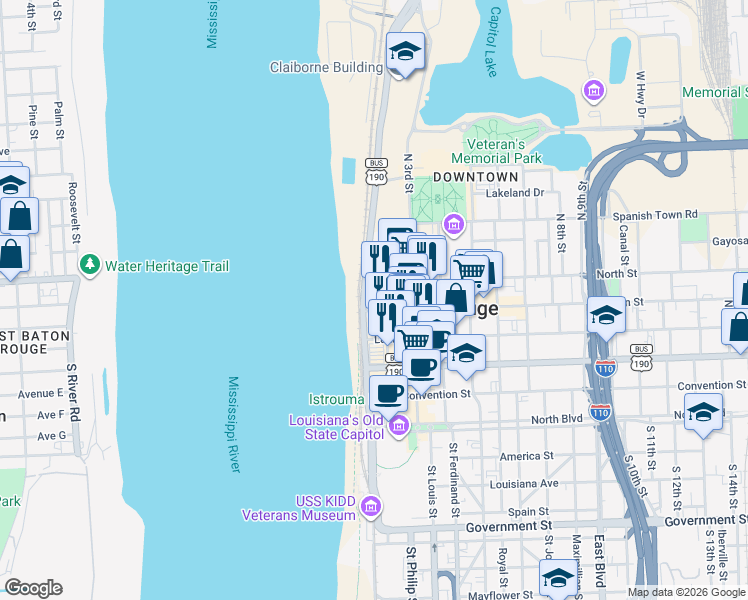 map of restaurants, bars, coffee shops, grocery stores, and more near 525 Lafayette Street in Baton Rouge