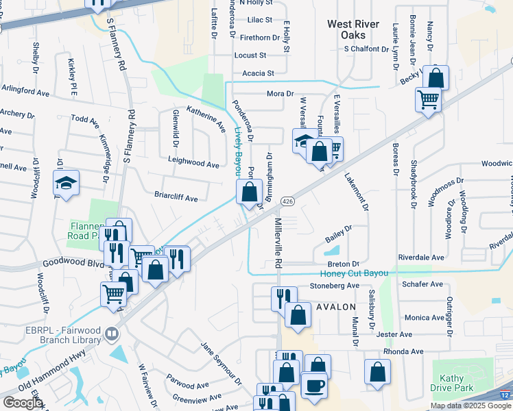 map of restaurants, bars, coffee shops, grocery stores, and more near 988 Ponderosa Drive in Baton Rouge