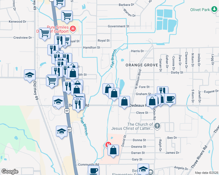 map of restaurants, bars, coffee shops, grocery stores, and more near 11344 Dye Road in Gulfport