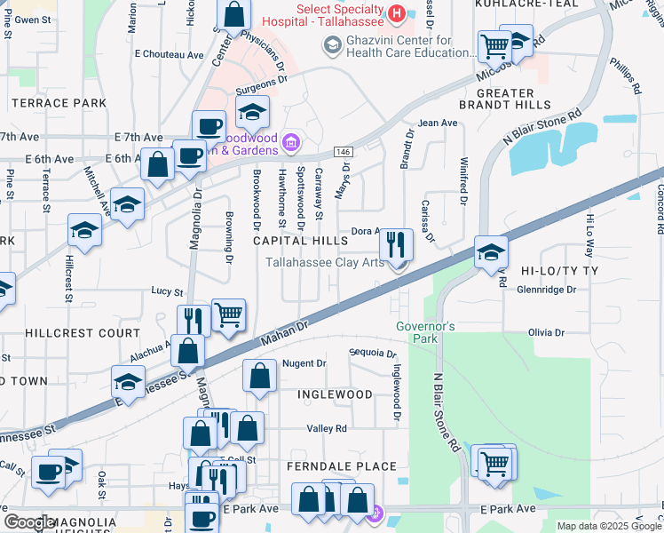 map of restaurants, bars, coffee shops, grocery stores, and more near 923 Carraway Street in Tallahassee