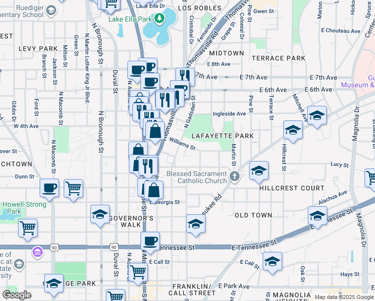 map of restaurants, bars, coffee shops, grocery stores, and more near 909 North Gadsden Street in Tallahassee