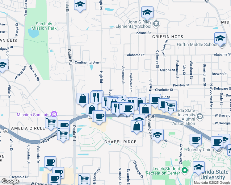 map of restaurants, bars, coffee shops, grocery stores, and more near 819 Buena Vista Drive in Tallahassee