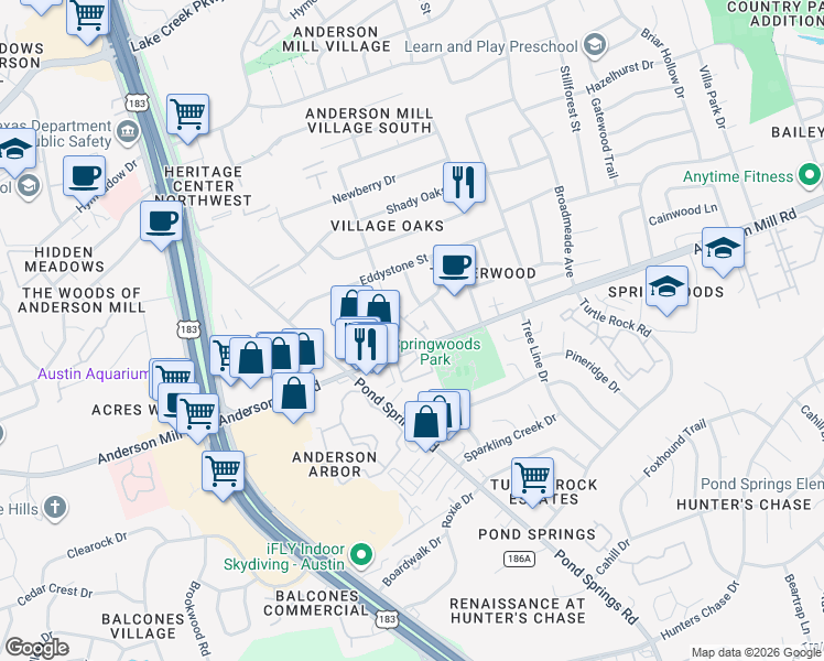 map of restaurants, bars, coffee shops, grocery stores, and more near 9300 Anderson Mill Road in Austin