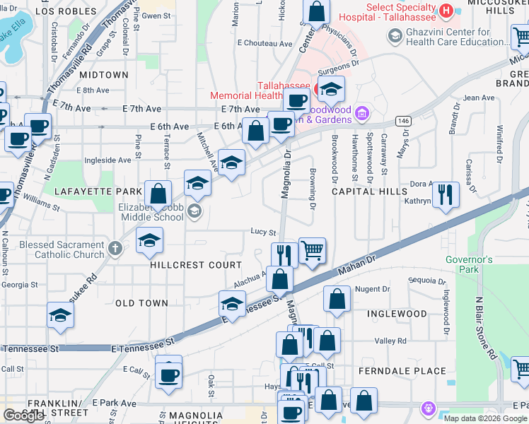 map of restaurants, bars, coffee shops, grocery stores, and more near 1205 Devils Dip in Tallahassee