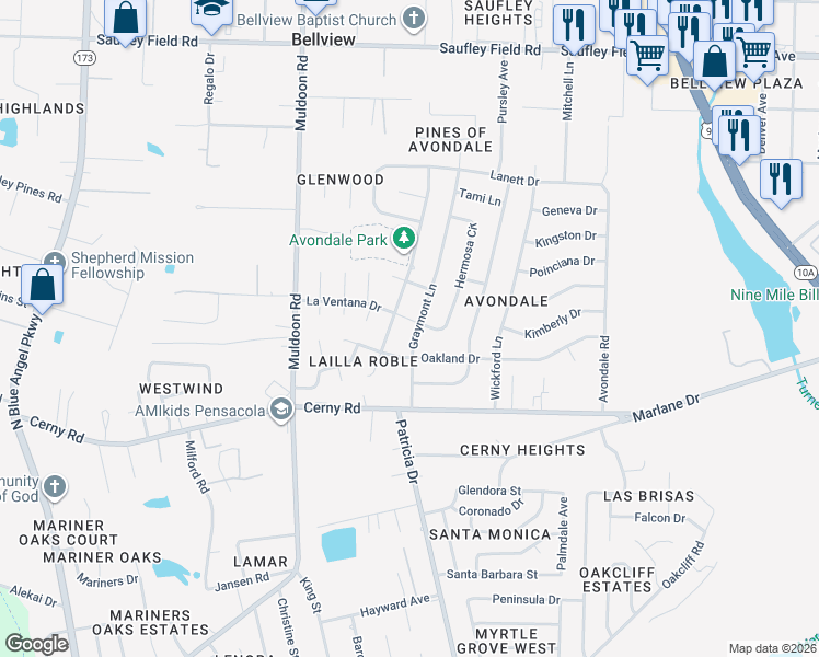 map of restaurants, bars, coffee shops, grocery stores, and more near 5669 Graymont Lane in Pensacola