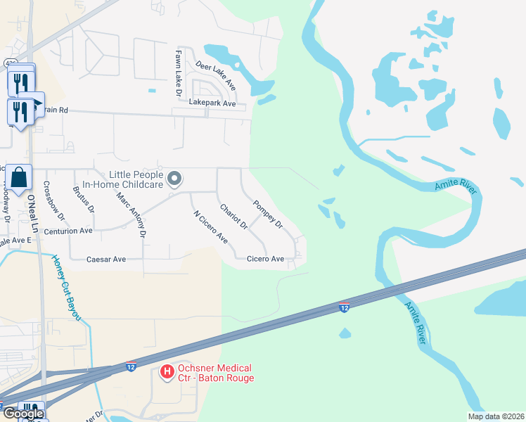 map of restaurants, bars, coffee shops, grocery stores, and more near 1299 Pompey Drive in Baton Rouge