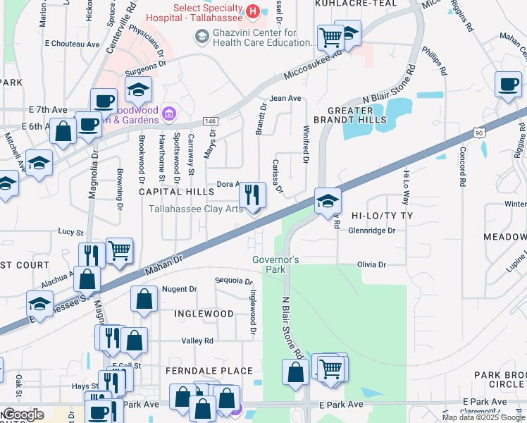 map of restaurants, bars, coffee shops, grocery stores, and more near 1826 Florida 10 in Tallahassee