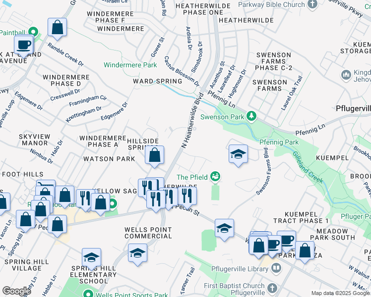 map of restaurants, bars, coffee shops, grocery stores, and more near 116 Adage Drive in Pflugerville