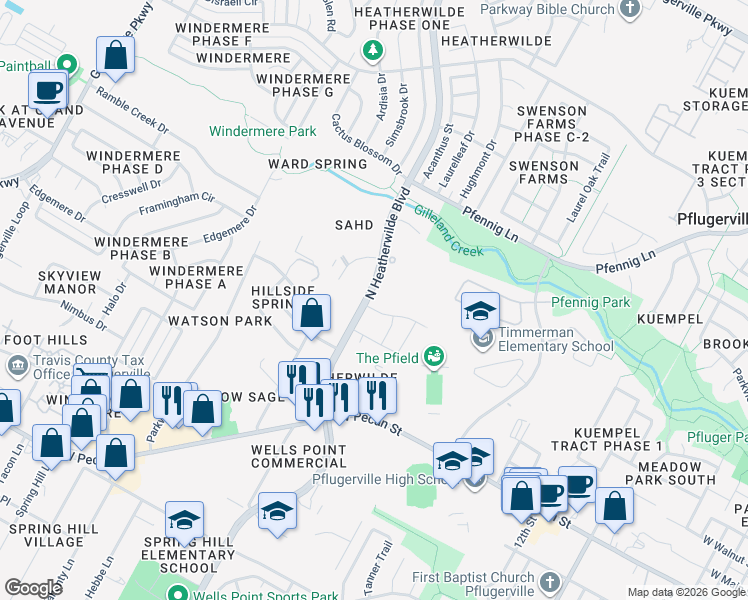 map of restaurants, bars, coffee shops, grocery stores, and more near 116 Adage Drive in Pflugerville