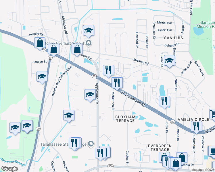 map of restaurants, bars, coffee shops, grocery stores, and more near 512-598 Mckeithan St in Tallahassee