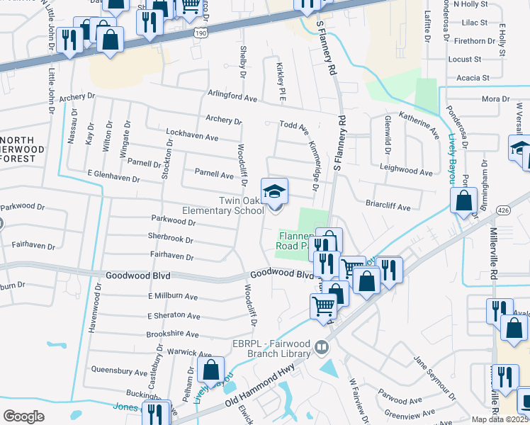 map of restaurants, bars, coffee shops, grocery stores, and more near 819 Trammell Drive in Baton Rouge